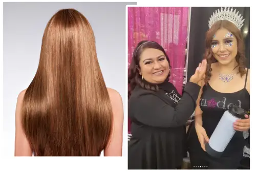a person standing next to another person hair color desig