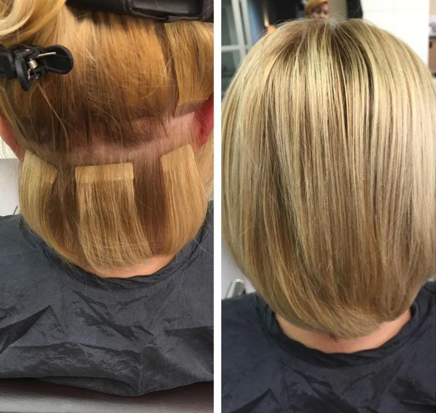 a person standing next to another person hair color desig